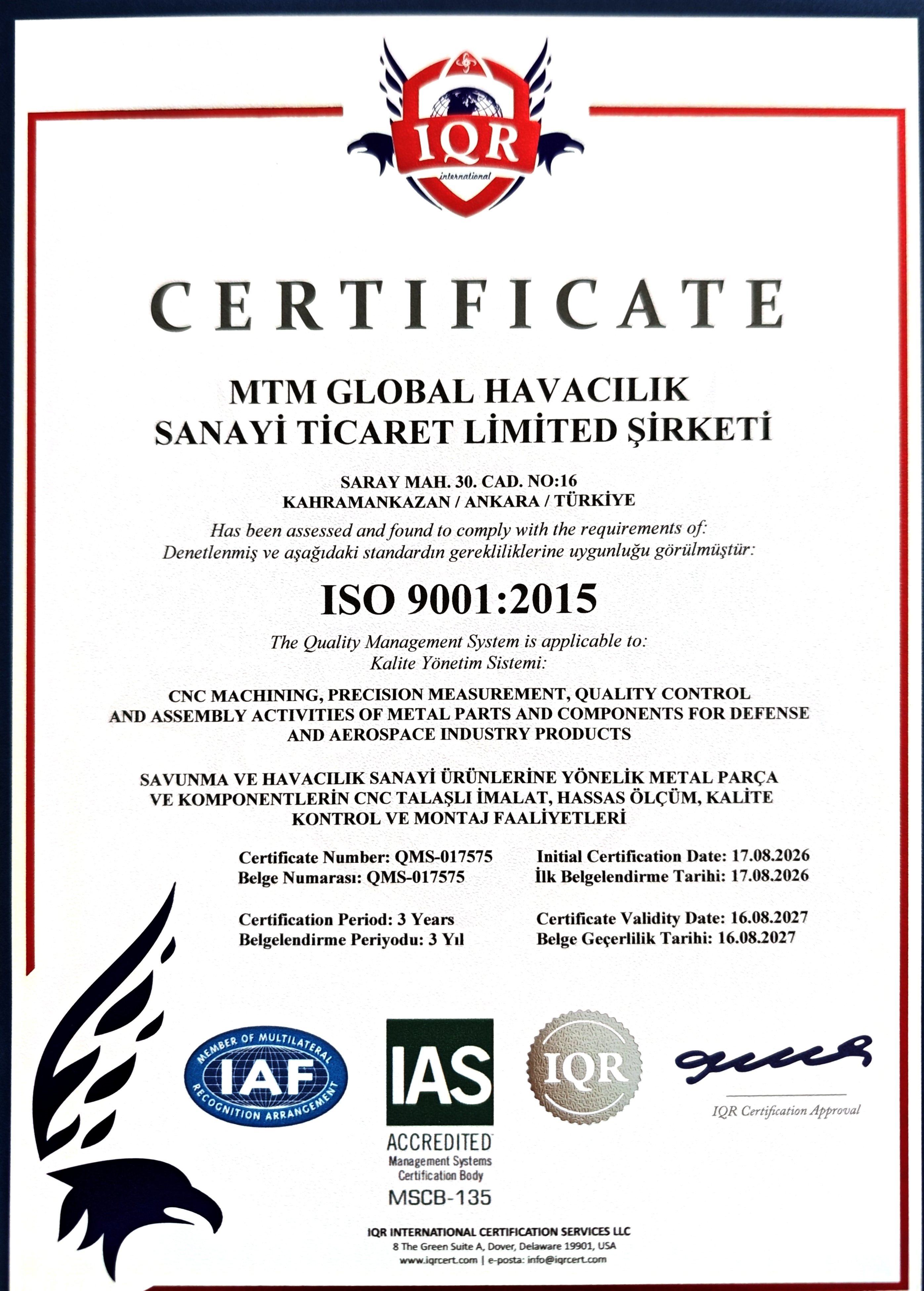 ISO 9001:2015 Sertifikası